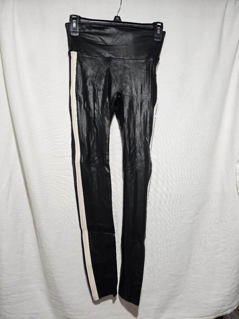 Spanx Faux Leather Leggings Black with Cream Side Stripe Size S/P Small EUC
